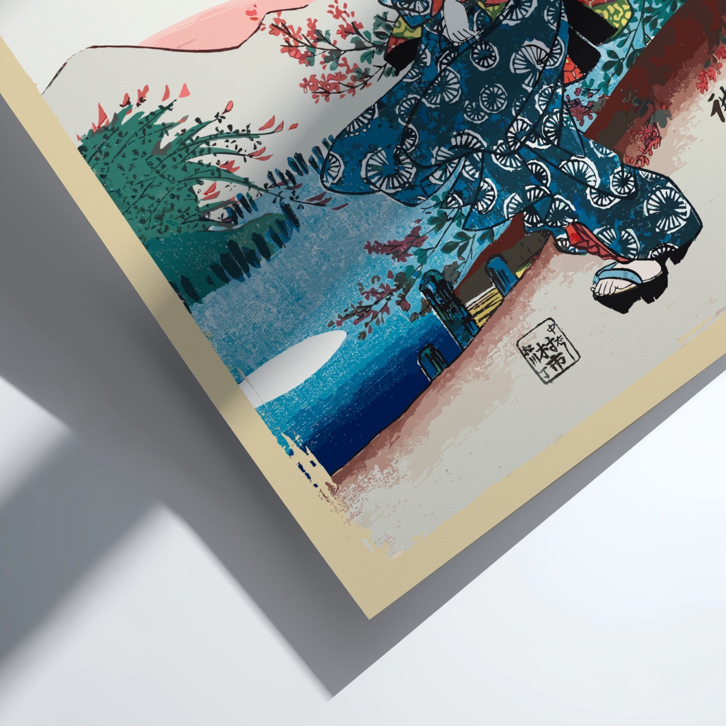 Vintage Japanese woodblock print poster of a woman in a blue kimono holding a fan, surrounded by cherry