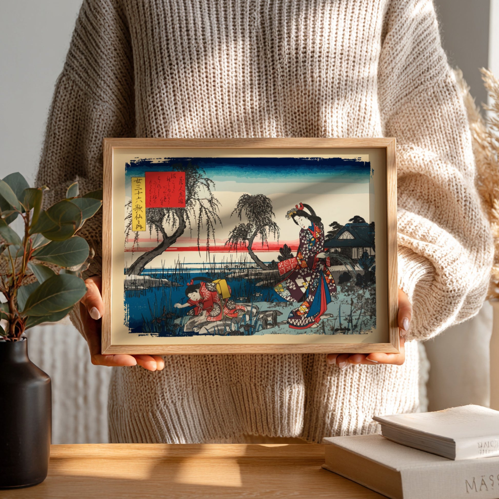 Vintage woodblock print poster featuring Japanese women in traditional attire, serene landscape, and vibrant