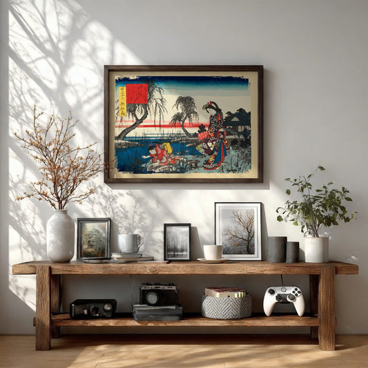 Vintage woodblock print poster featuring Japanese women in traditional attire, serene landscape, and vibrant