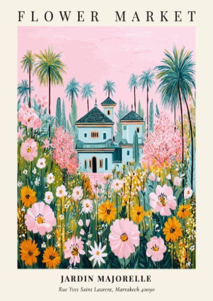 Floral art print featuring vibrant flowers and the Jardin Majorelle villa in soft colors