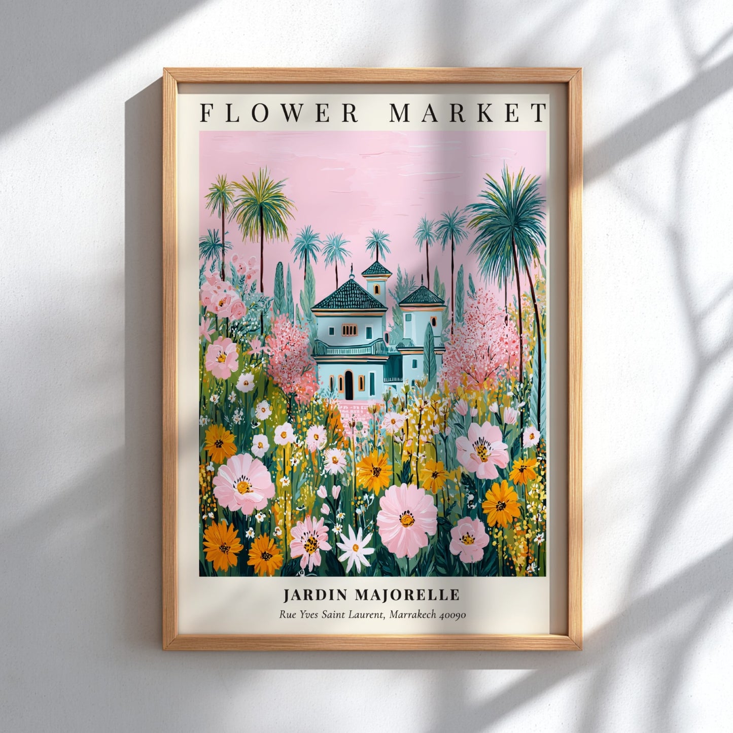 Floral art print featuring vibrant flowers and the Jardin Majorelle villa in soft colors
