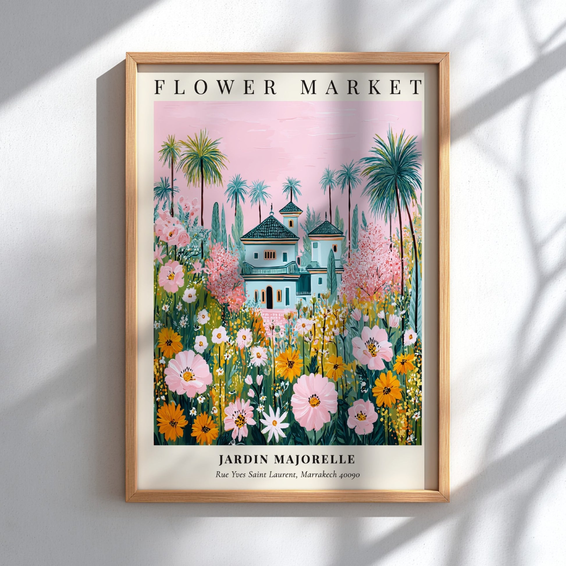 Floral art print featuring vibrant flowers and the Jardin Majorelle villa in soft colors