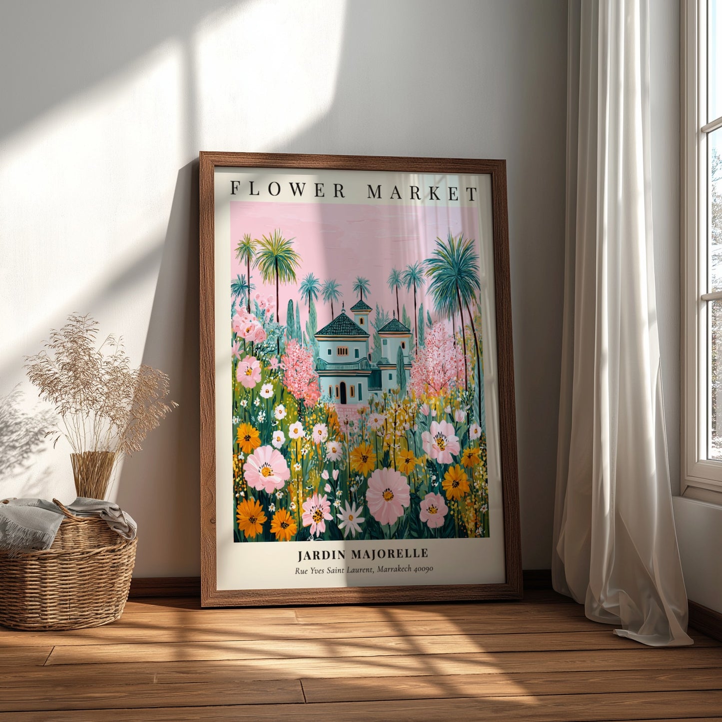 Floral art print featuring vibrant flowers and the Jardin Majorelle villa in soft colors
