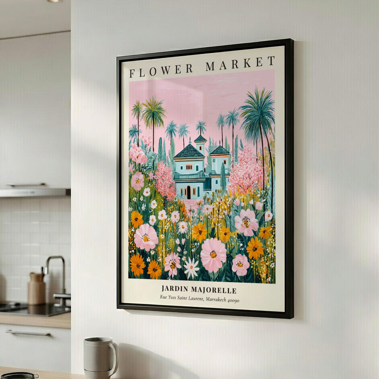 Floral art print featuring vibrant flowers and the Jardin Majorelle villa in soft colors