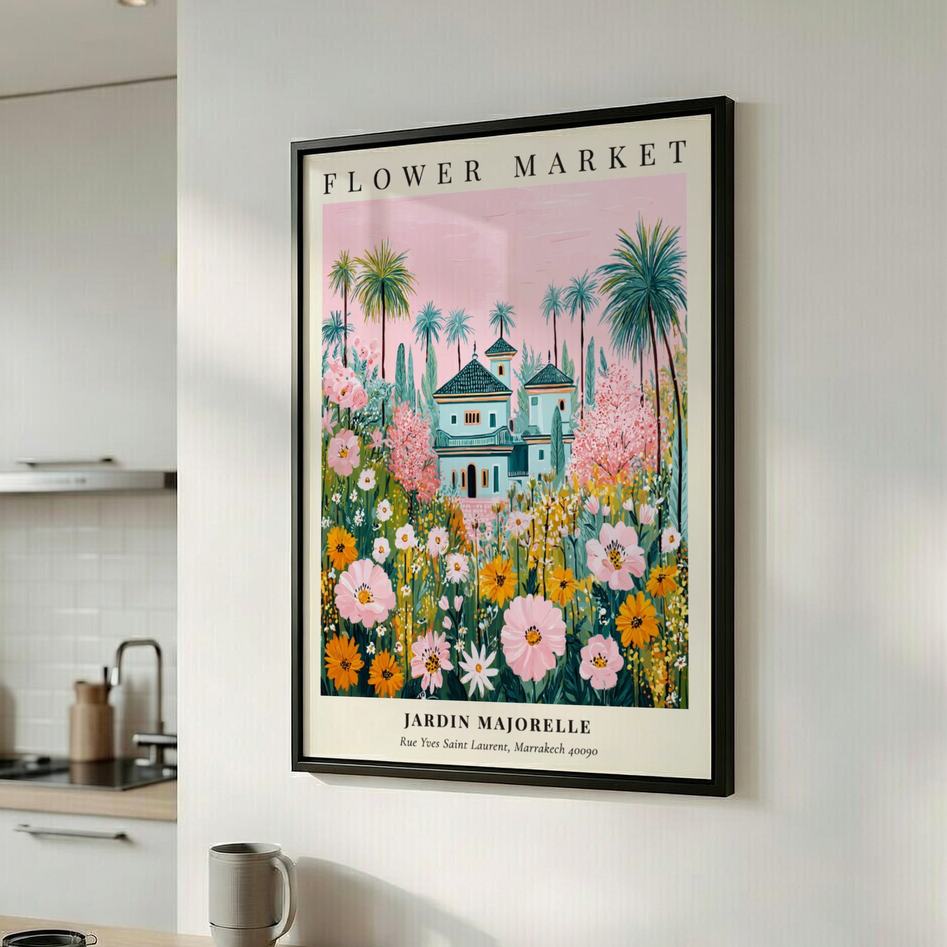 Floral art print featuring vibrant flowers and the Jardin Majorelle villa in soft colors