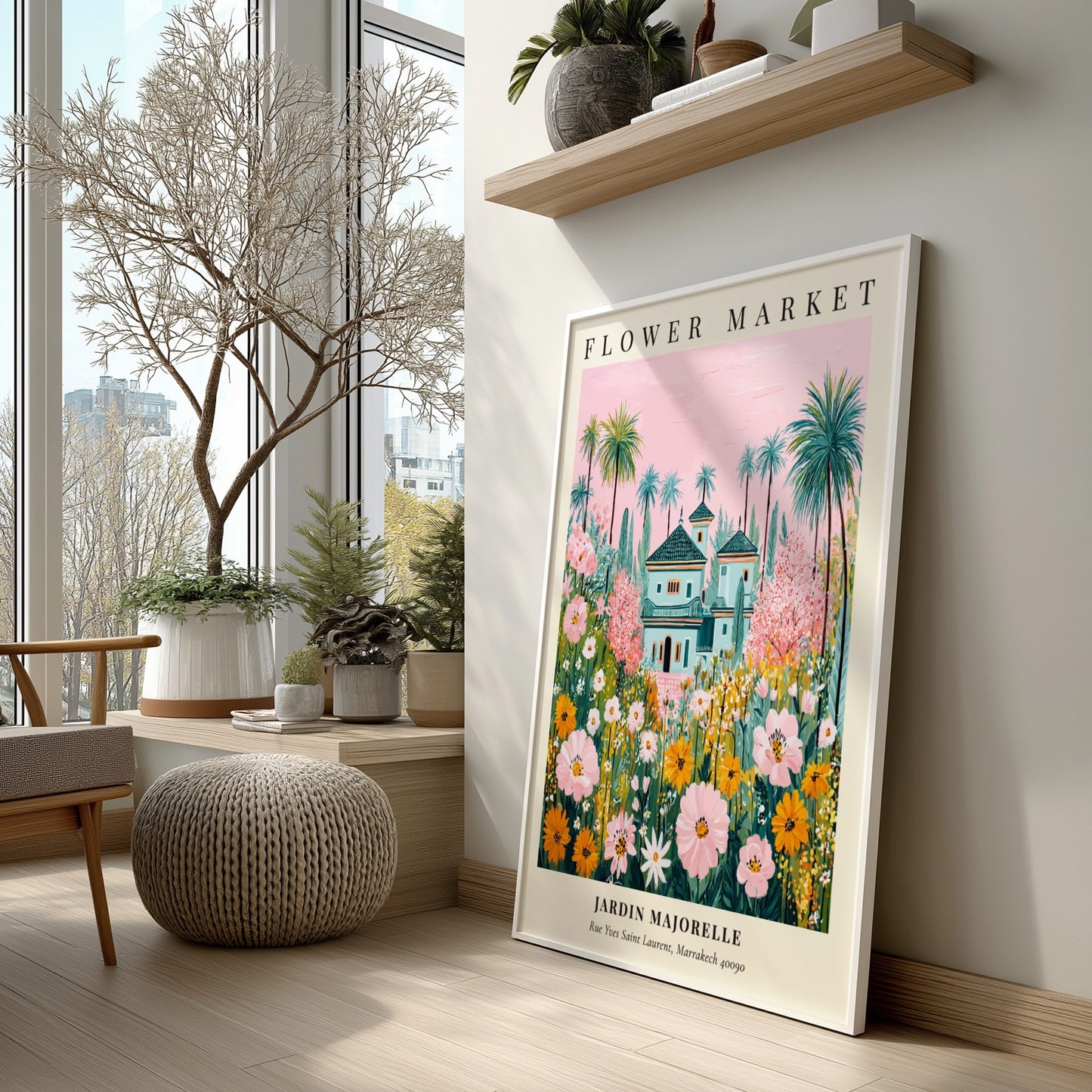 Floral art print featuring vibrant flowers and the Jardin Majorelle villa in soft colors