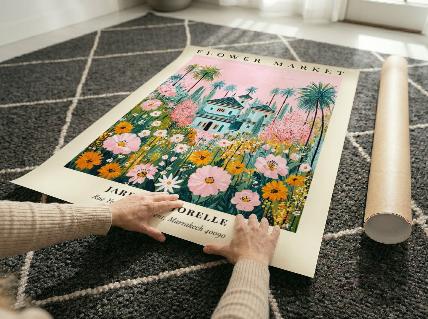 Floral art print featuring vibrant flowers and the Jardin Majorelle villa in soft colors