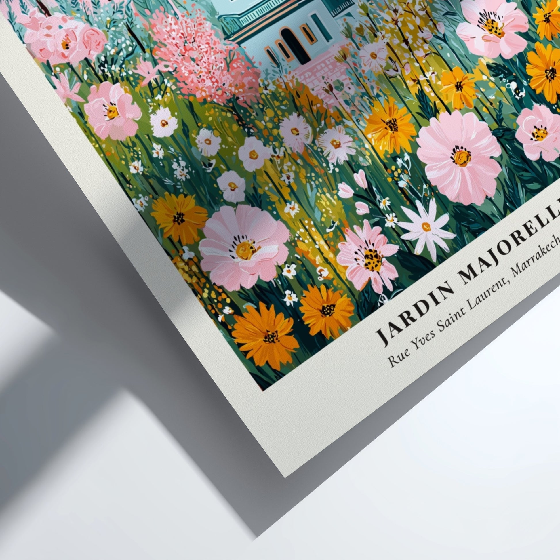 Floral art print featuring vibrant flowers and the Jardin Majorelle villa in soft colors
