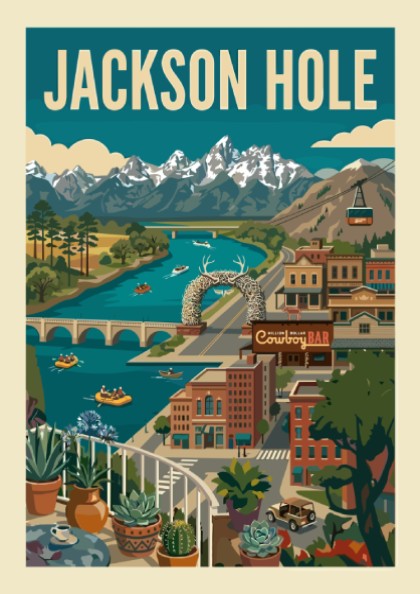 Retro illustration of Jackson Hole landscape with mountains, river, and antler arch. Travel poster.