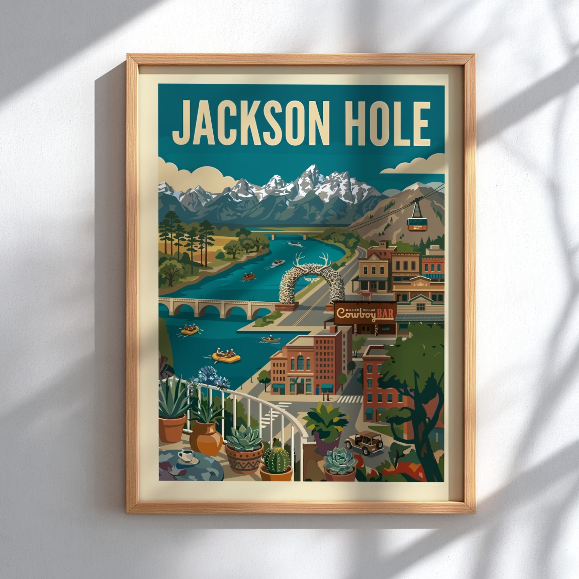 Retro illustration of Jackson Hole landscape with mountains, river, and antler arch. Travel poster.