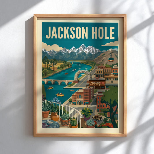 Retro illustration of Jackson Hole landscape with mountains, river, and antler arch. Travel poster.