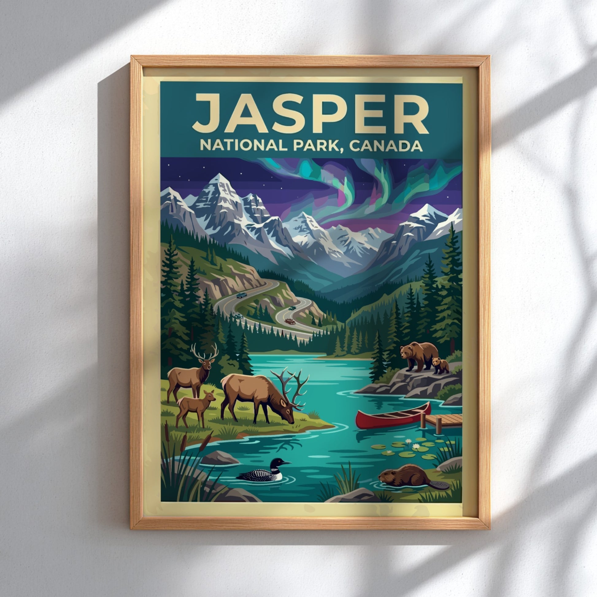 Travel poster of Jasper National Park Canada featuring mountains, northern lights, and wildlife.
