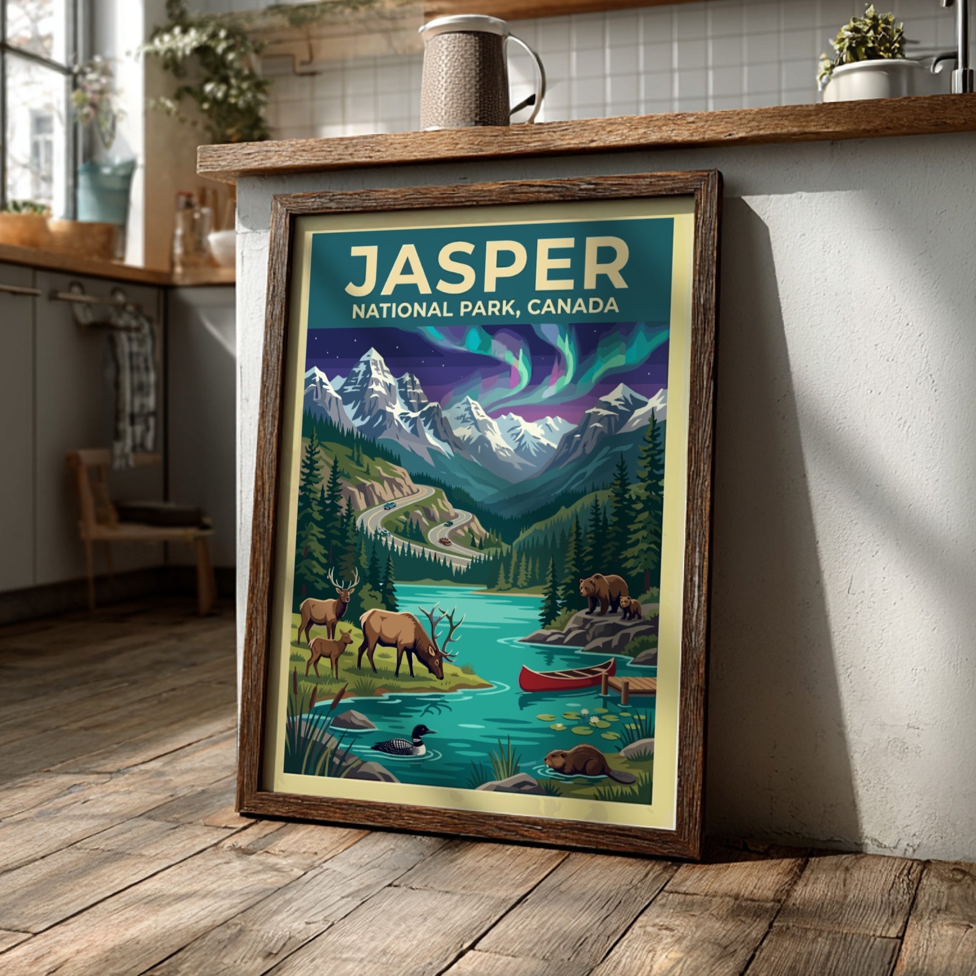 Travel poster of Jasper National Park Canada featuring mountains, northern lights, and wildlife.