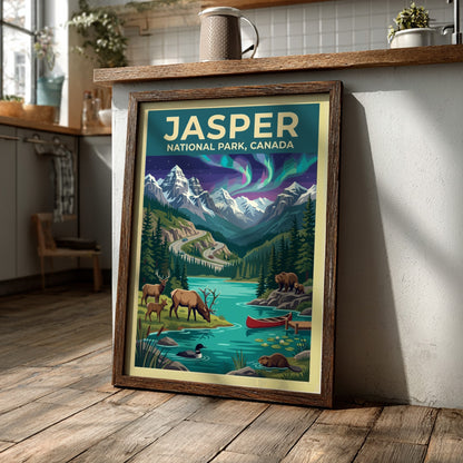 Travel poster of Jasper National Park Canada featuring mountains, northern lights, and wildlife.