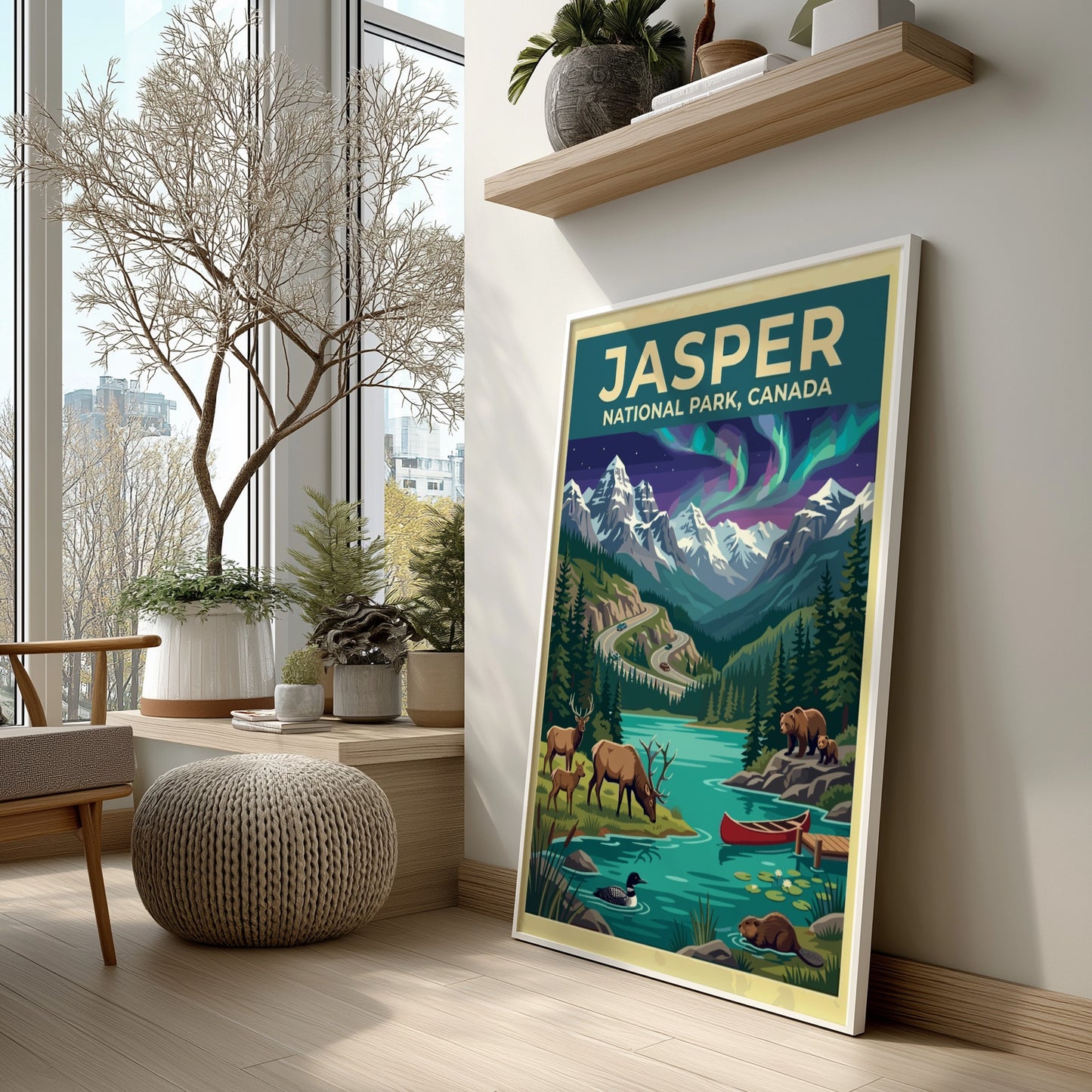 Travel poster of Jasper National Park Canada featuring mountains, northern lights, and wildlife.