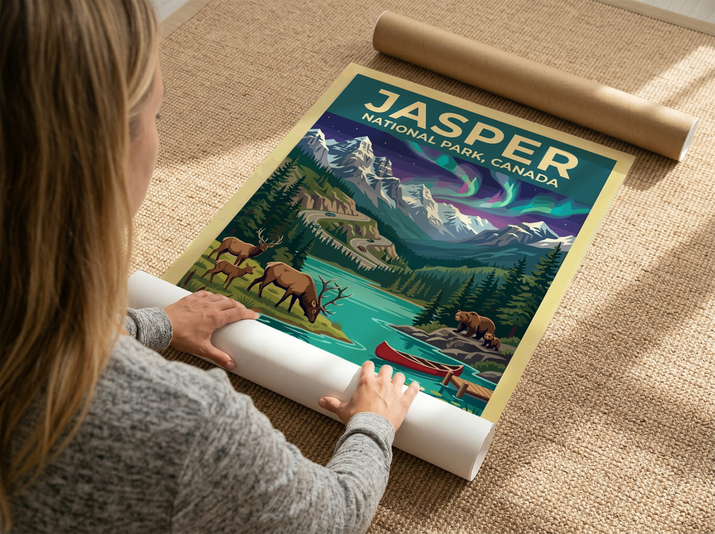 Travel poster of Jasper National Park Canada featuring mountains, northern lights, and wildlife.