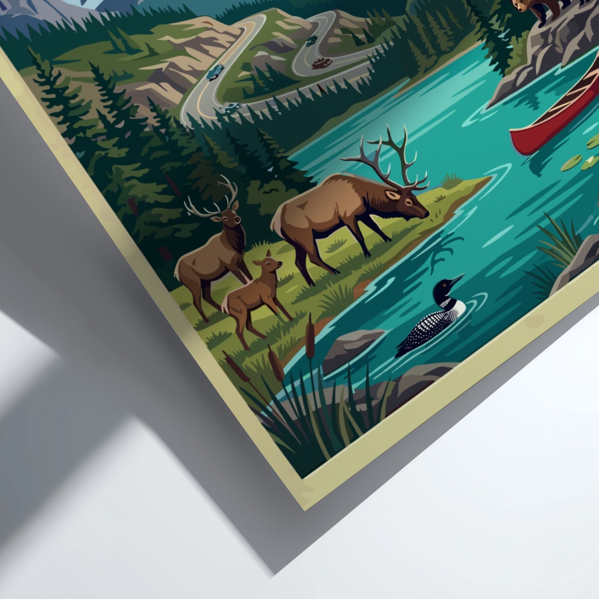 Travel poster of Jasper National Park Canada featuring mountains, northern lights, and wildlife.