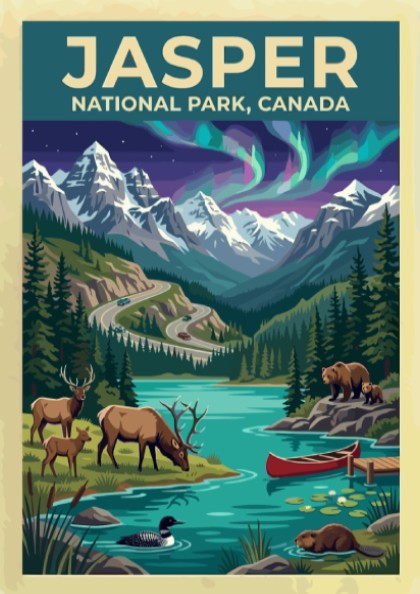 Travel poster of Jasper National Park Canada featuring mountains, northern lights, and wildlife.