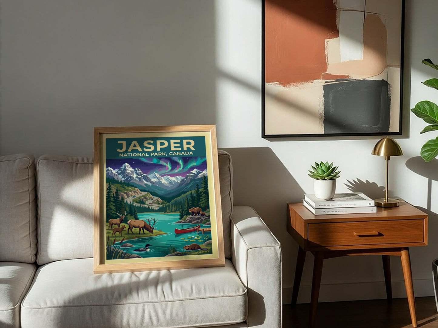 Travel poster of Jasper National Park Canada featuring mountains, northern lights, and wildlife.