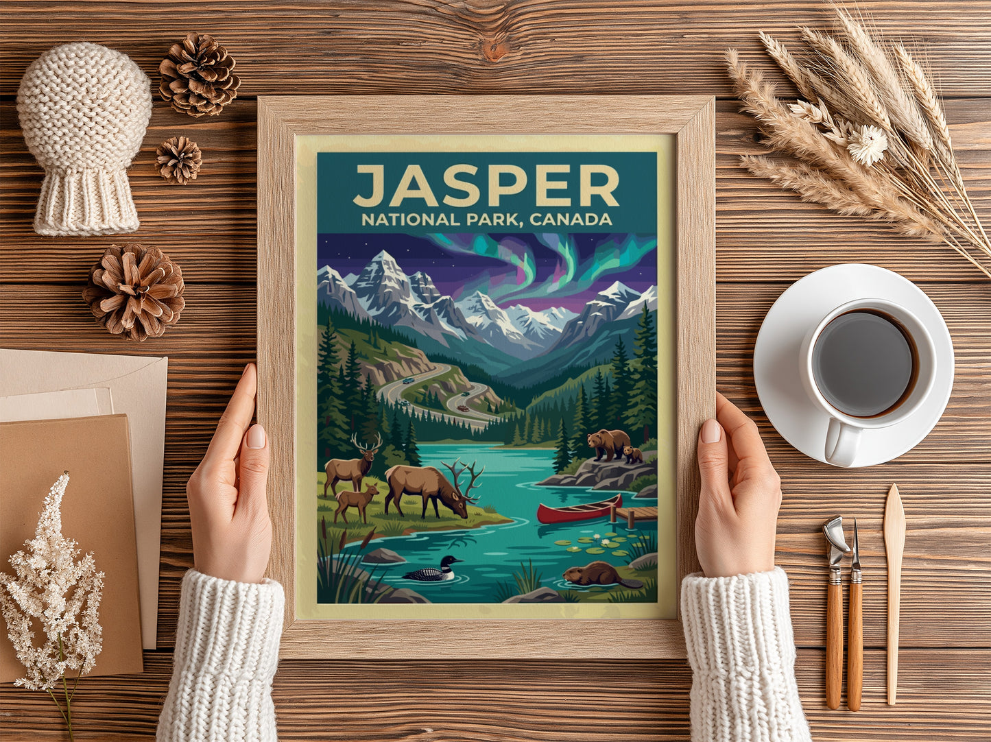 Travel poster of Jasper National Park Canada featuring mountains, northern lights, and wildlife.