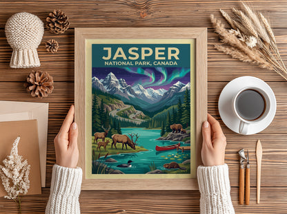 Travel poster of Jasper National Park Canada featuring mountains, northern lights, and wildlife.
