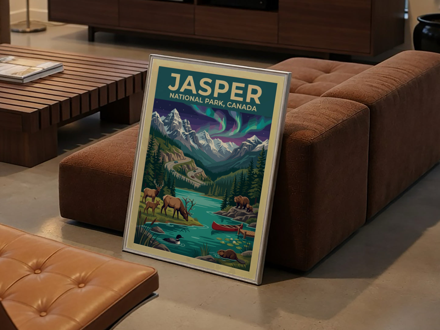Travel poster of Jasper National Park Canada featuring mountains, northern lights, and wildlife.
