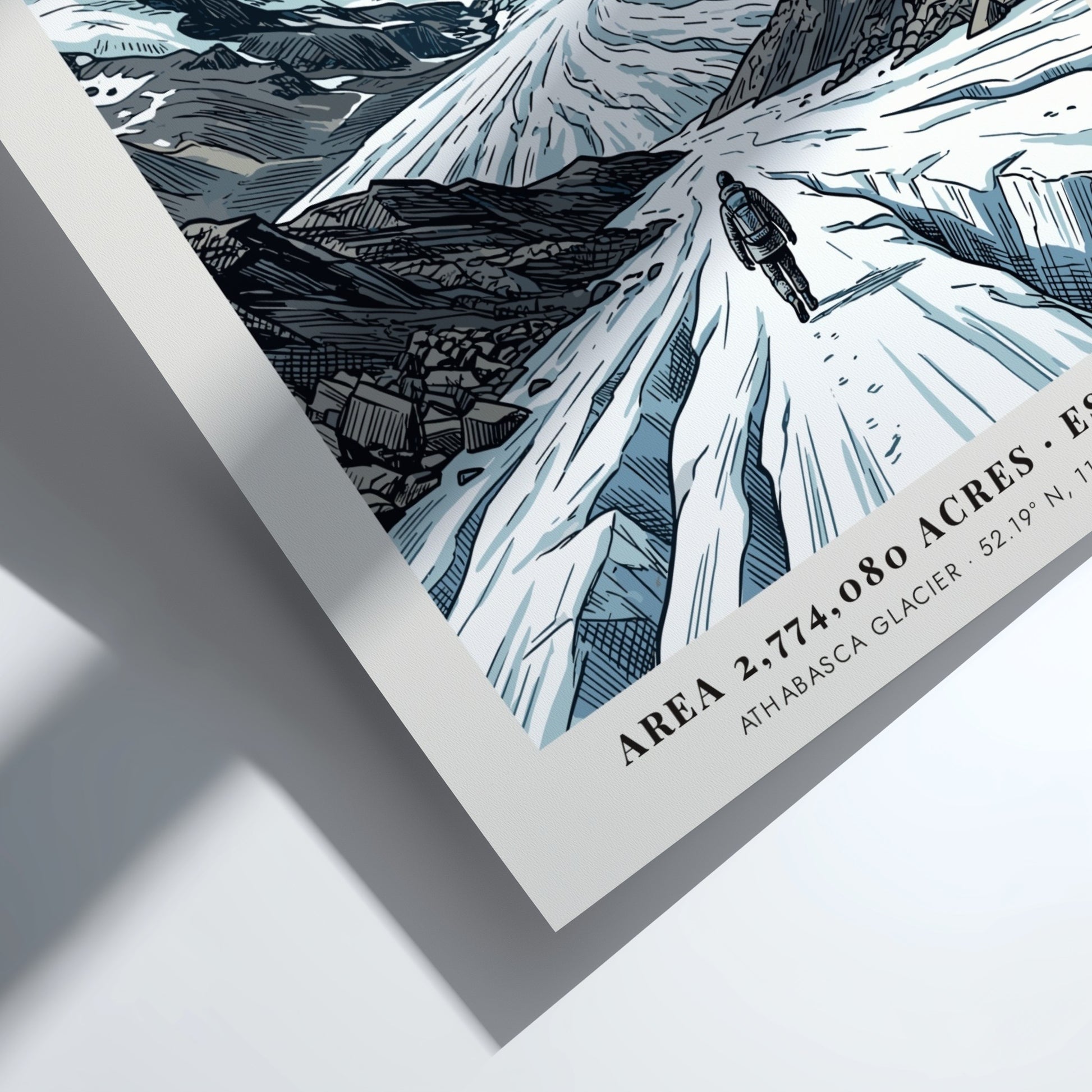 Poster of a hiker walking towards the massive snowy Athabasca Glacier in Jasper