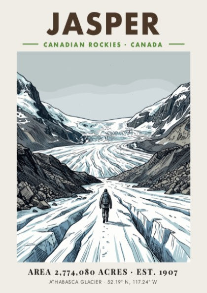 Poster of a hiker walking towards the massive snowy Athabasca Glacier in Jasper