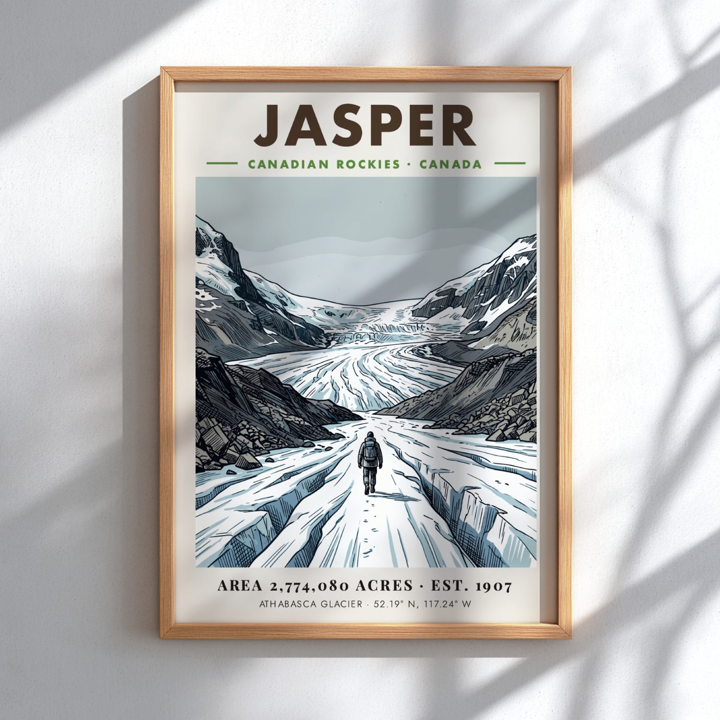 Poster of a hiker walking towards the massive snowy Athabasca Glacier in Jasper