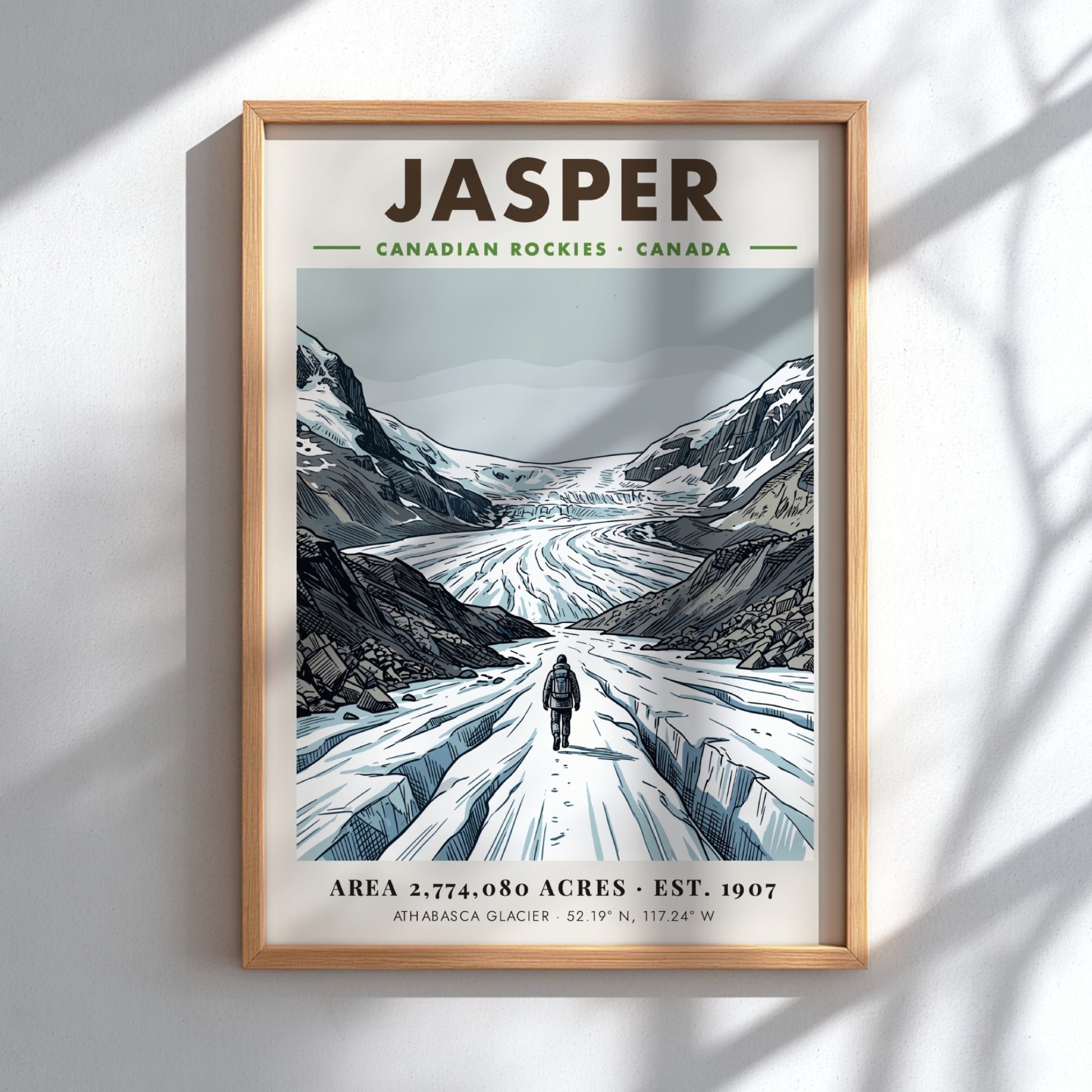 Poster of a hiker walking towards the massive snowy Athabasca Glacier in Jasper