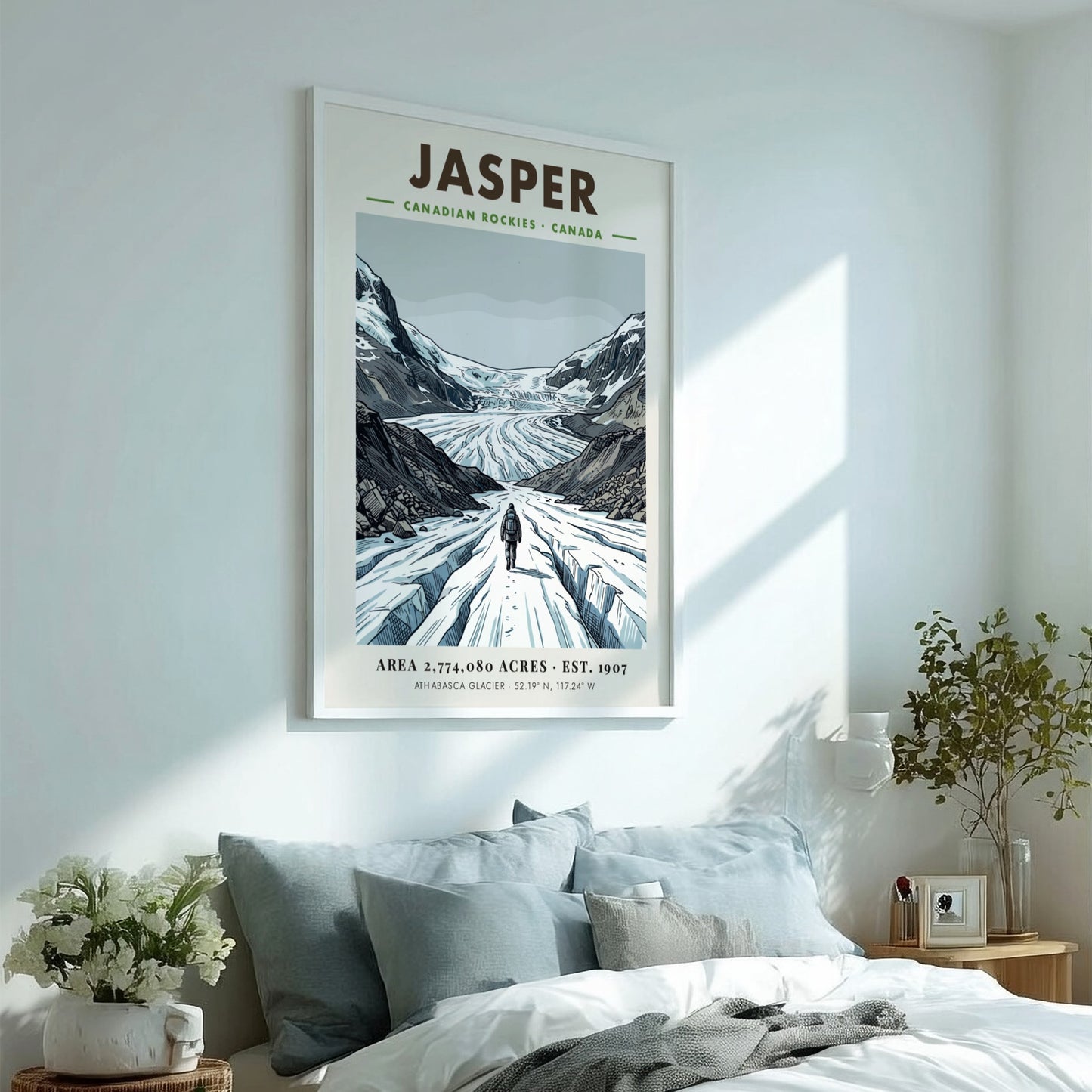 Poster of a hiker walking towards the massive snowy Athabasca Glacier in Jasper