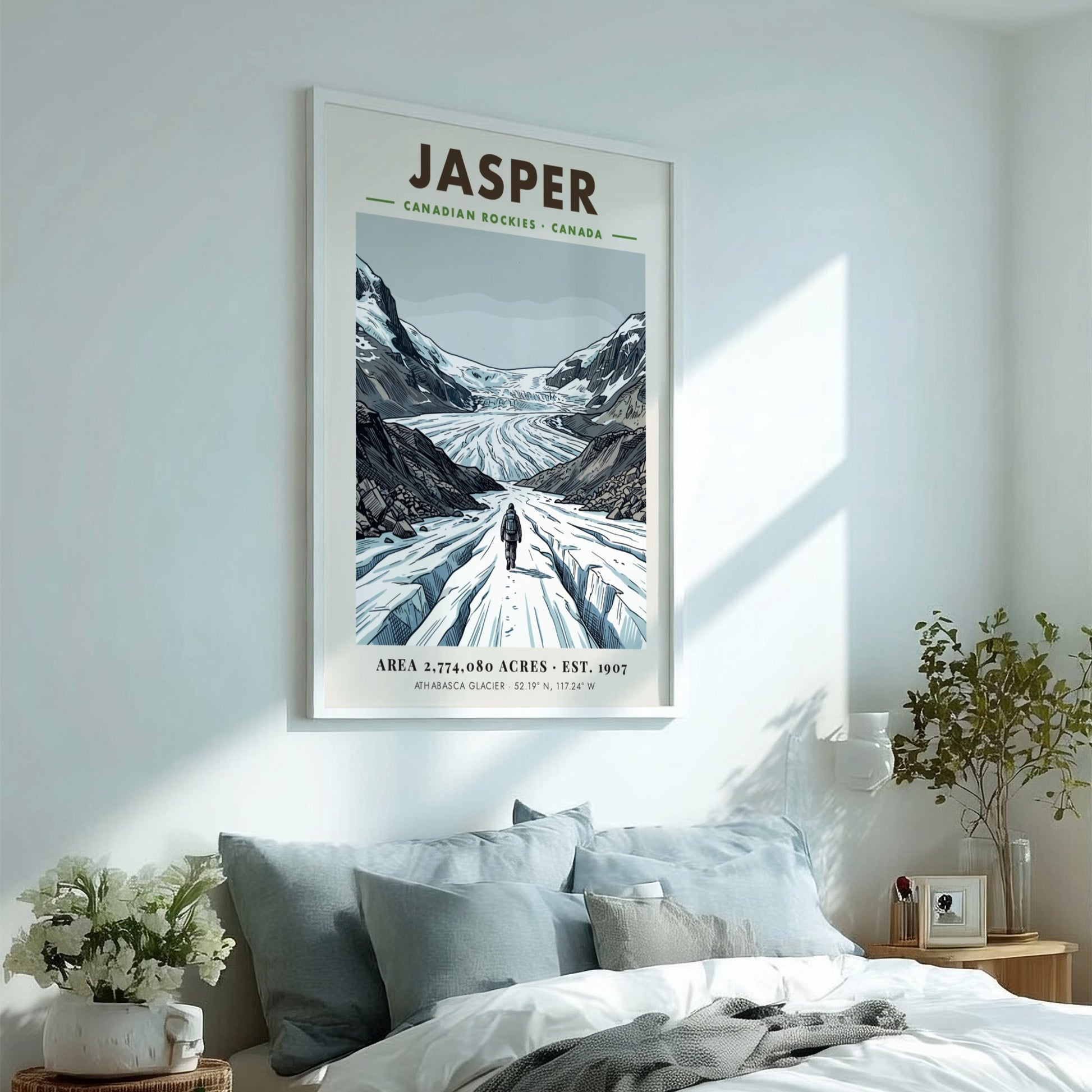 Poster of a hiker walking towards the massive snowy Athabasca Glacier in Jasper