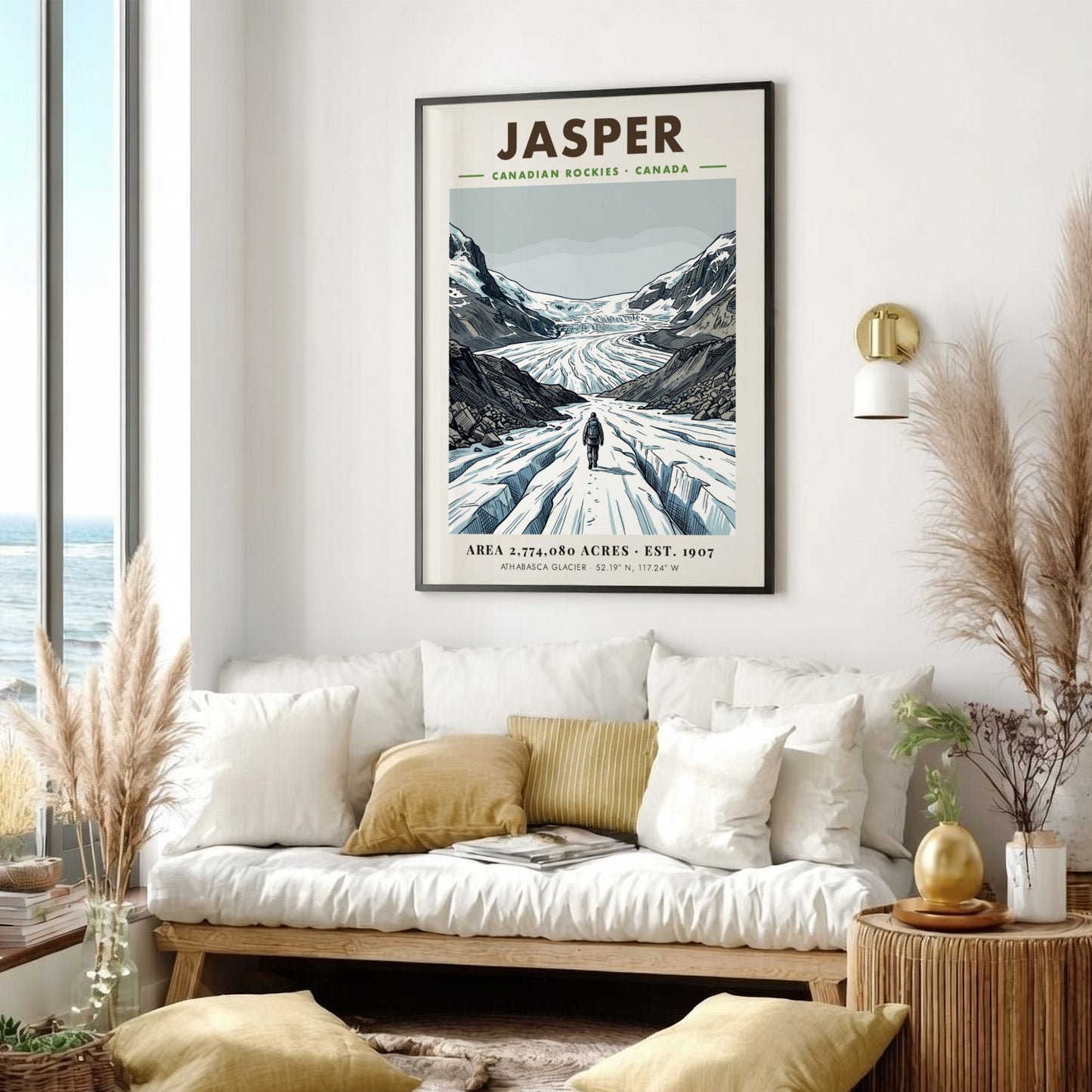 Poster of a hiker walking towards the massive snowy Athabasca Glacier in Jasper