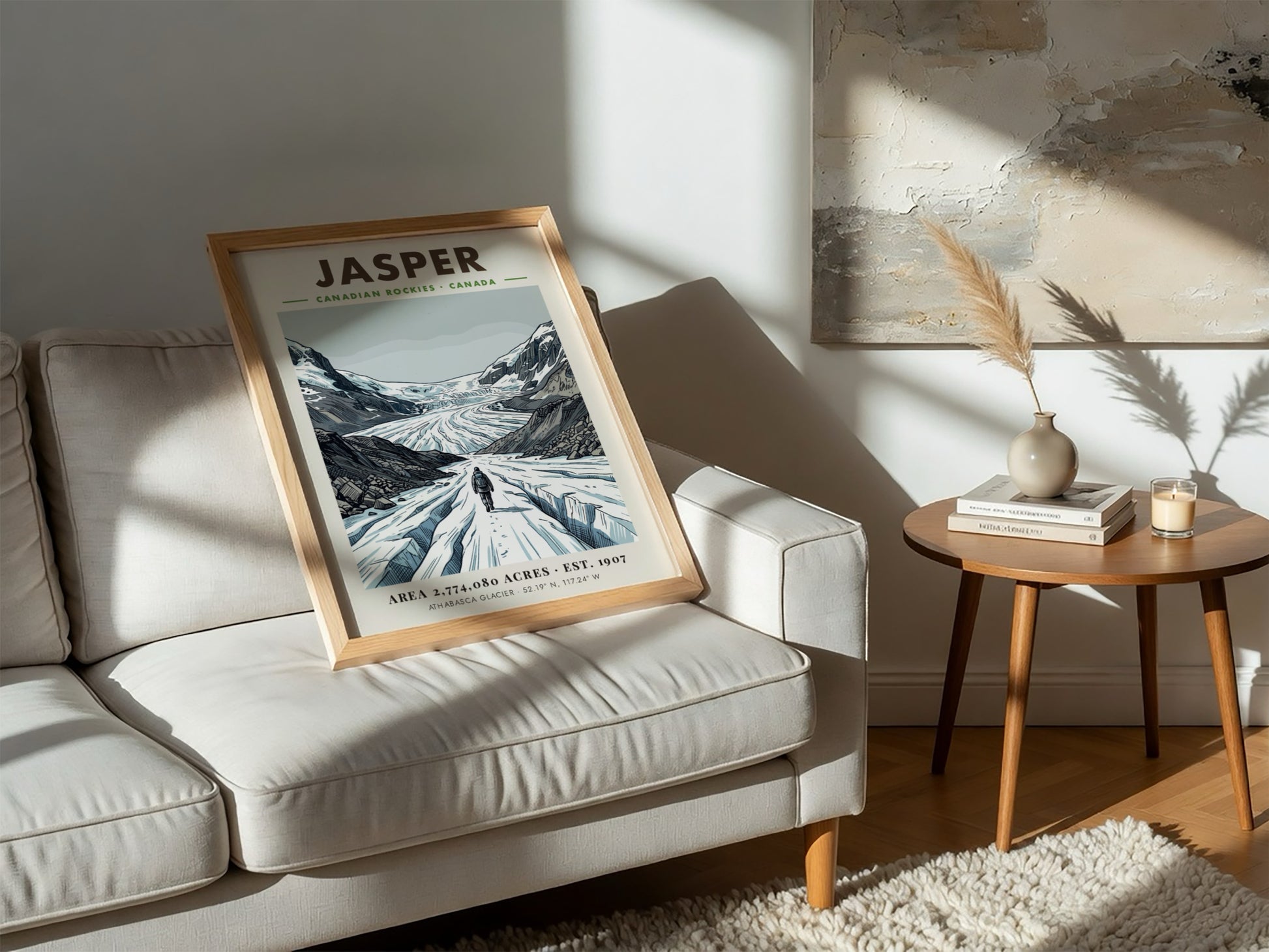 Poster of a hiker walking towards the massive snowy Athabasca Glacier in Jasper