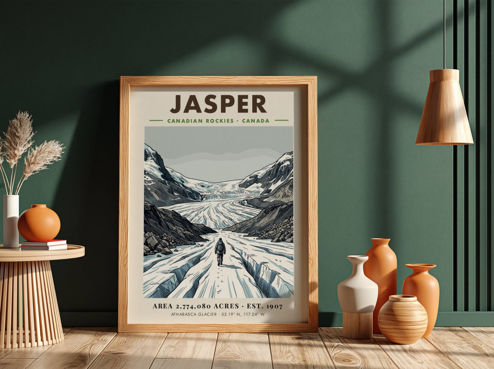 Poster of a hiker walking towards the massive snowy Athabasca Glacier in Jasper
