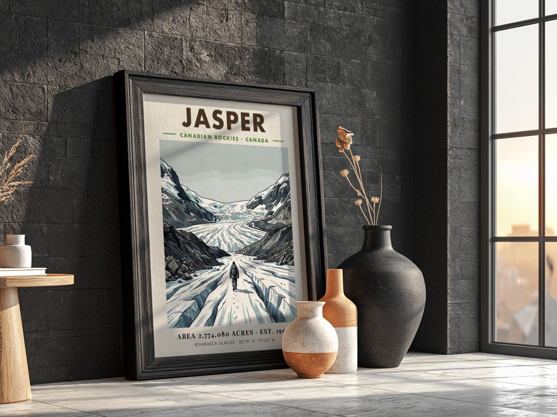 Poster of a hiker walking towards the massive snowy Athabasca Glacier in Jasper