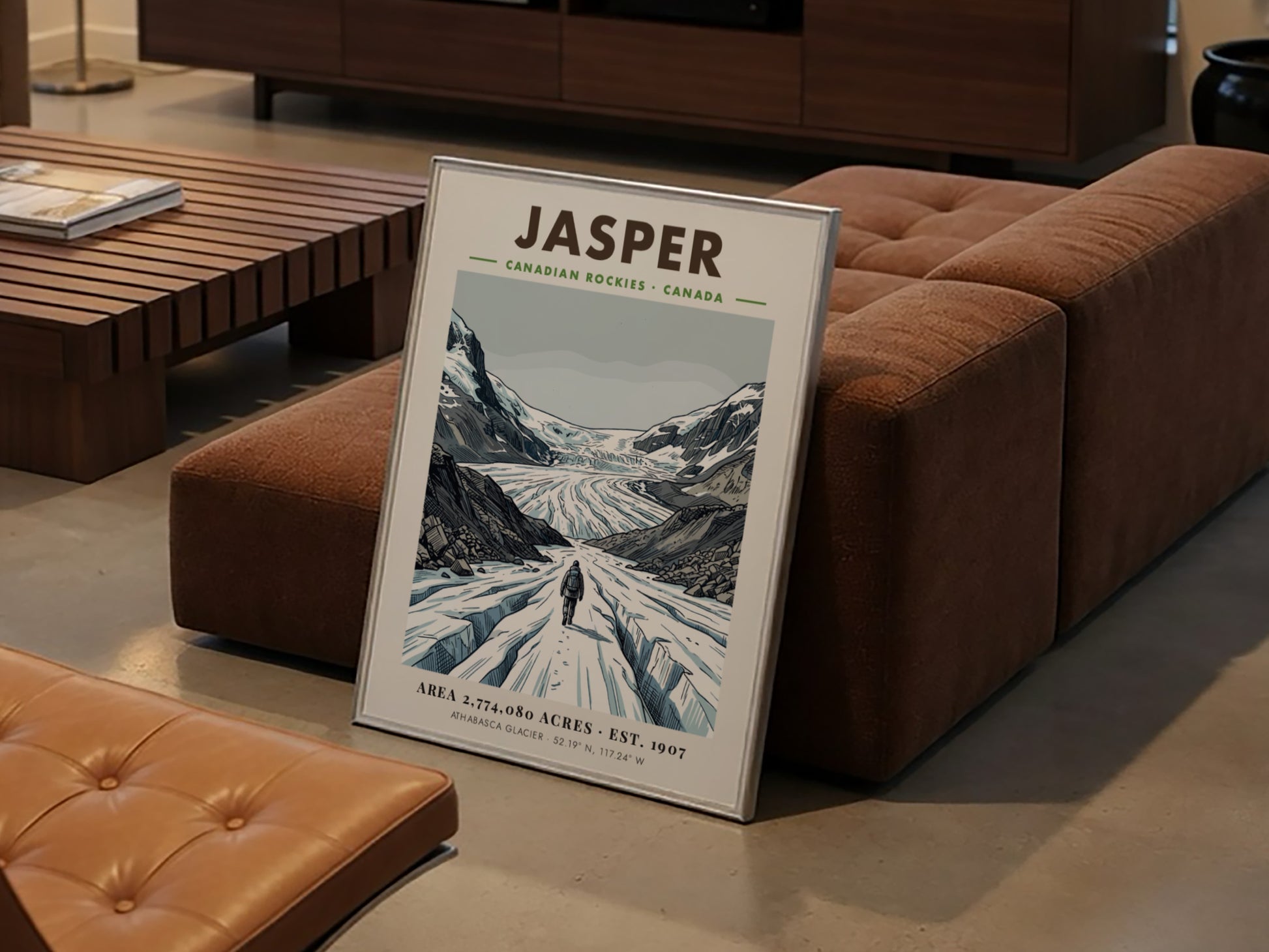 Poster of a hiker walking towards the massive snowy Athabasca Glacier in Jasper