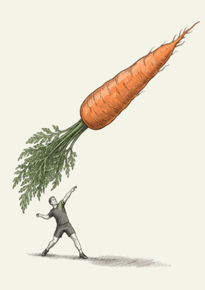 Poster featuring an athlete preparing to throw a giant orange carrot javelin illustration