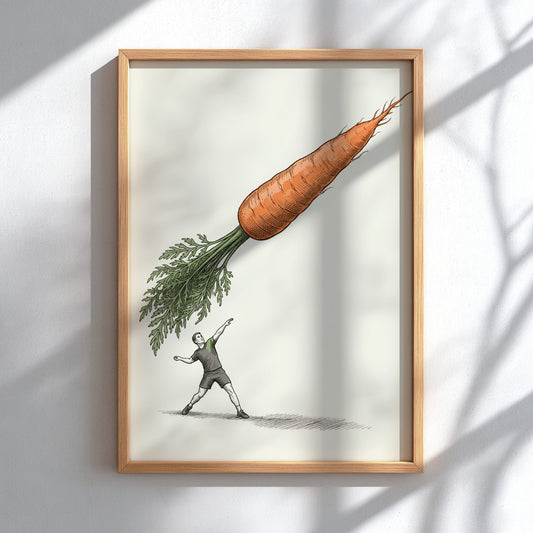 Poster featuring an athlete preparing to throw a giant orange carrot javelin illustration