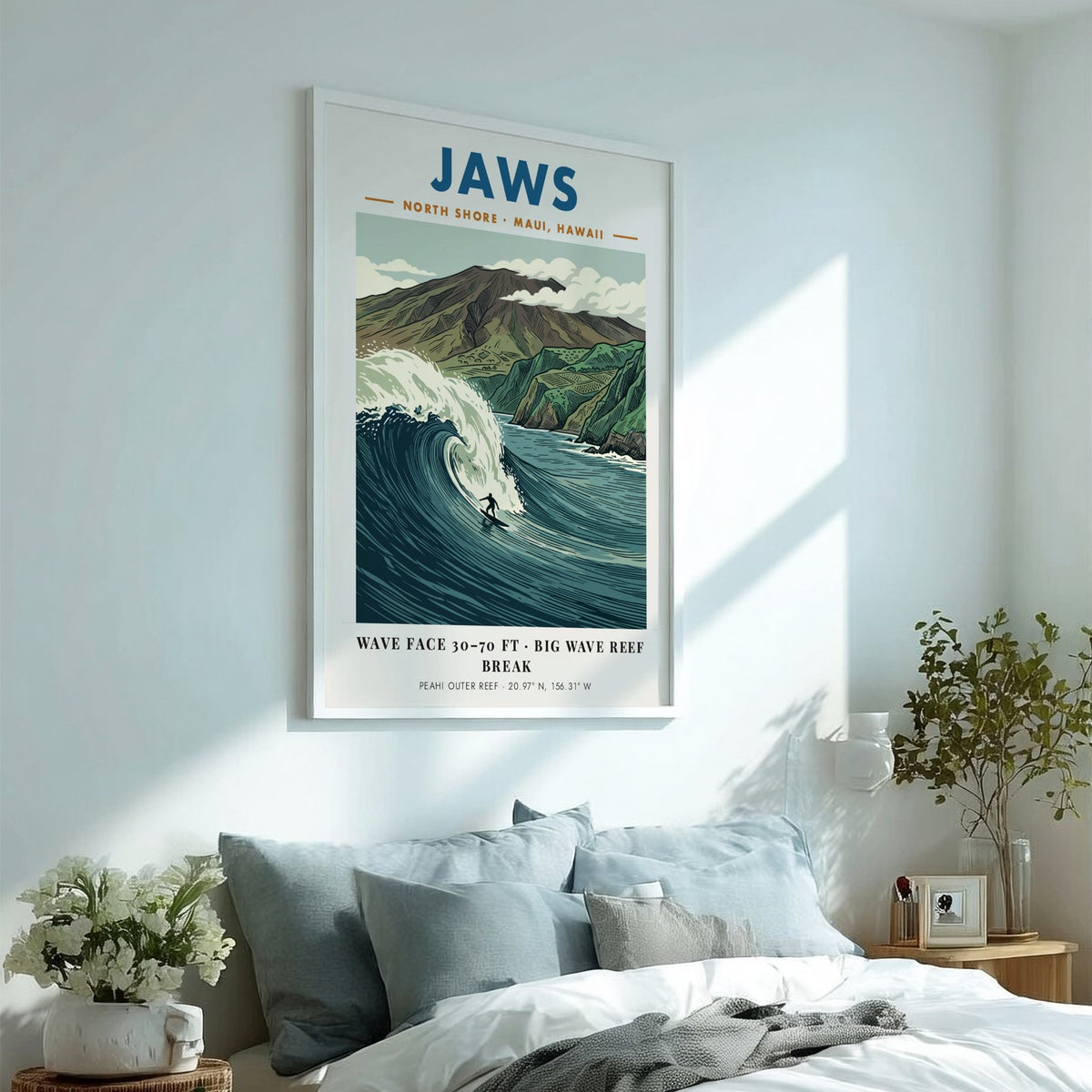 Poster of Jaws Maui with a surfer riding a massive wave beneath mountains