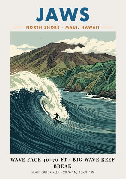 Poster of Jaws Maui with a surfer riding a massive wave beneath mountains