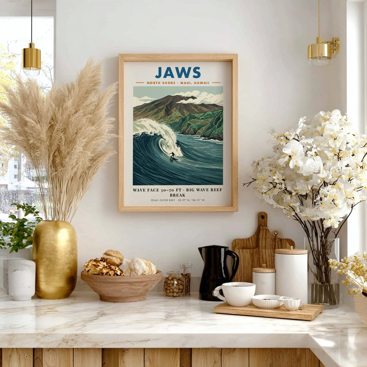 Poster of Jaws Maui with a surfer riding a massive wave beneath mountains