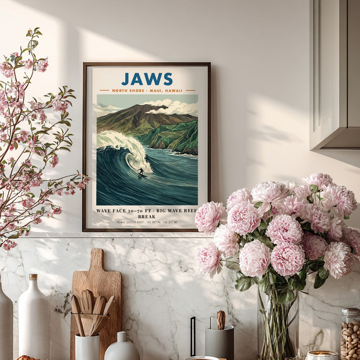 Poster of Jaws Maui with a surfer riding a massive wave beneath mountains