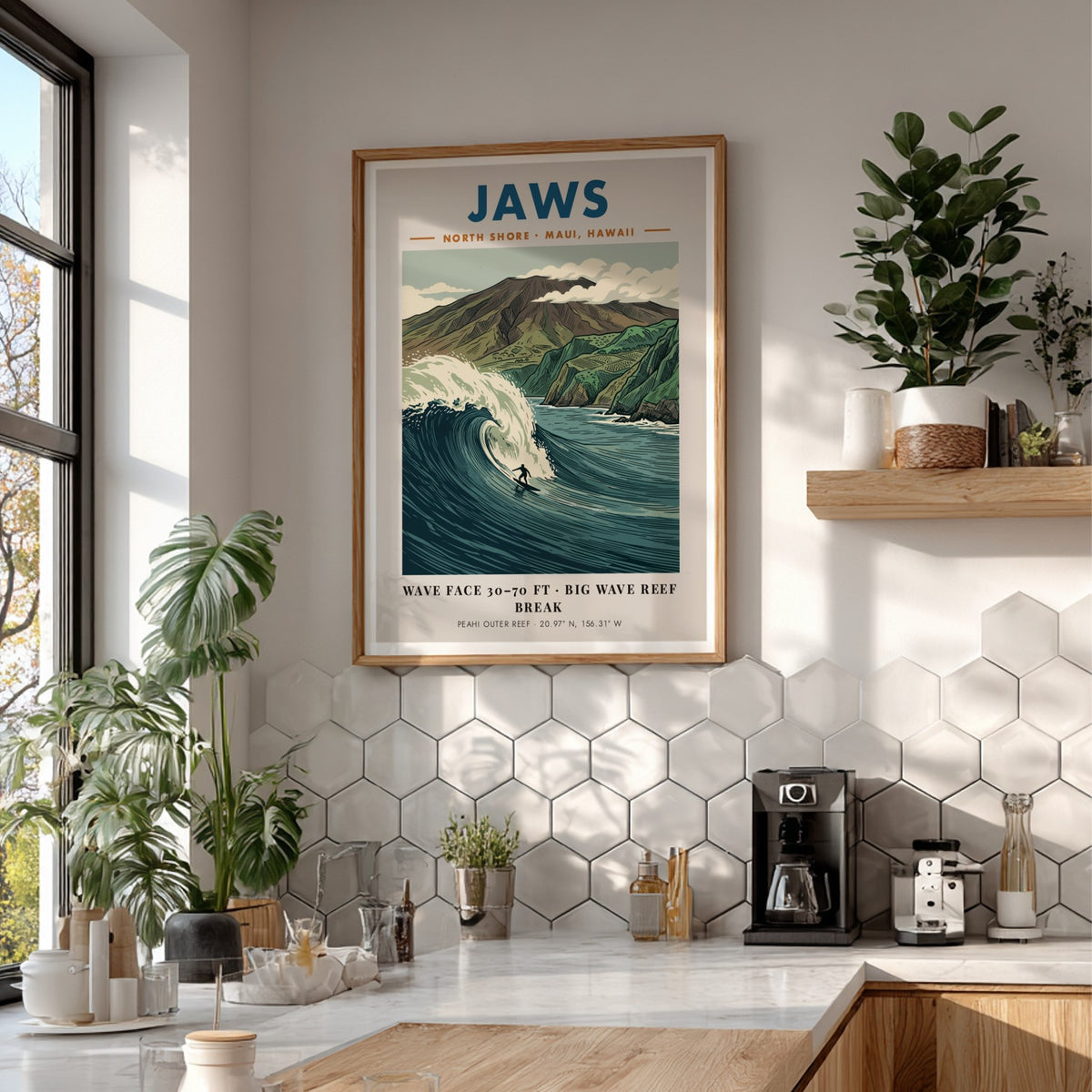 Poster of Jaws Maui with a surfer riding a massive wave beneath mountains