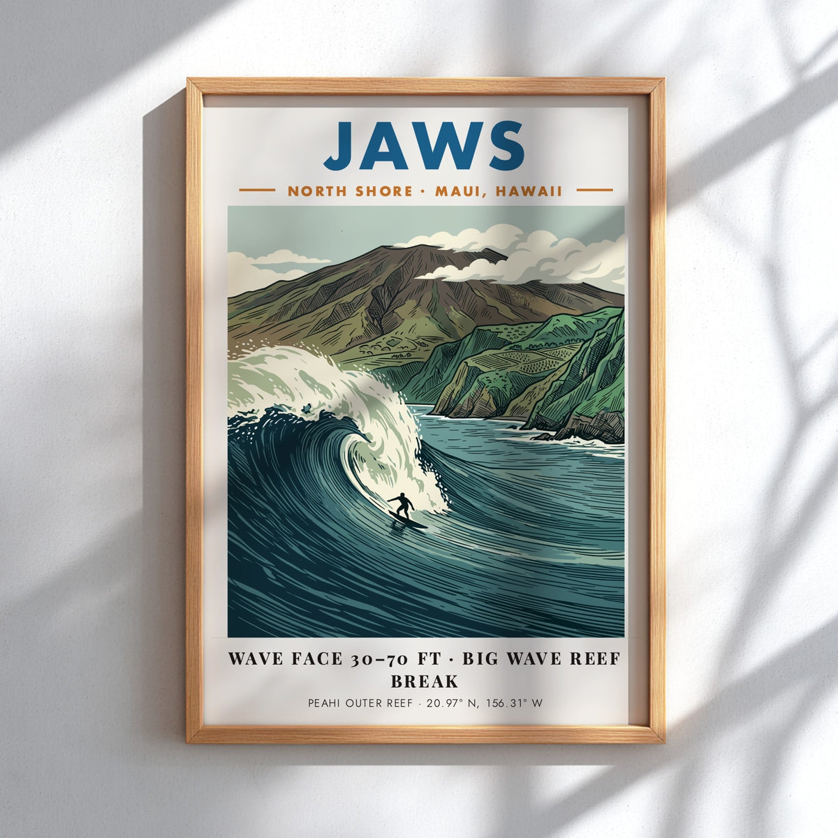 Poster of Jaws Maui with a surfer riding a massive wave beneath mountains