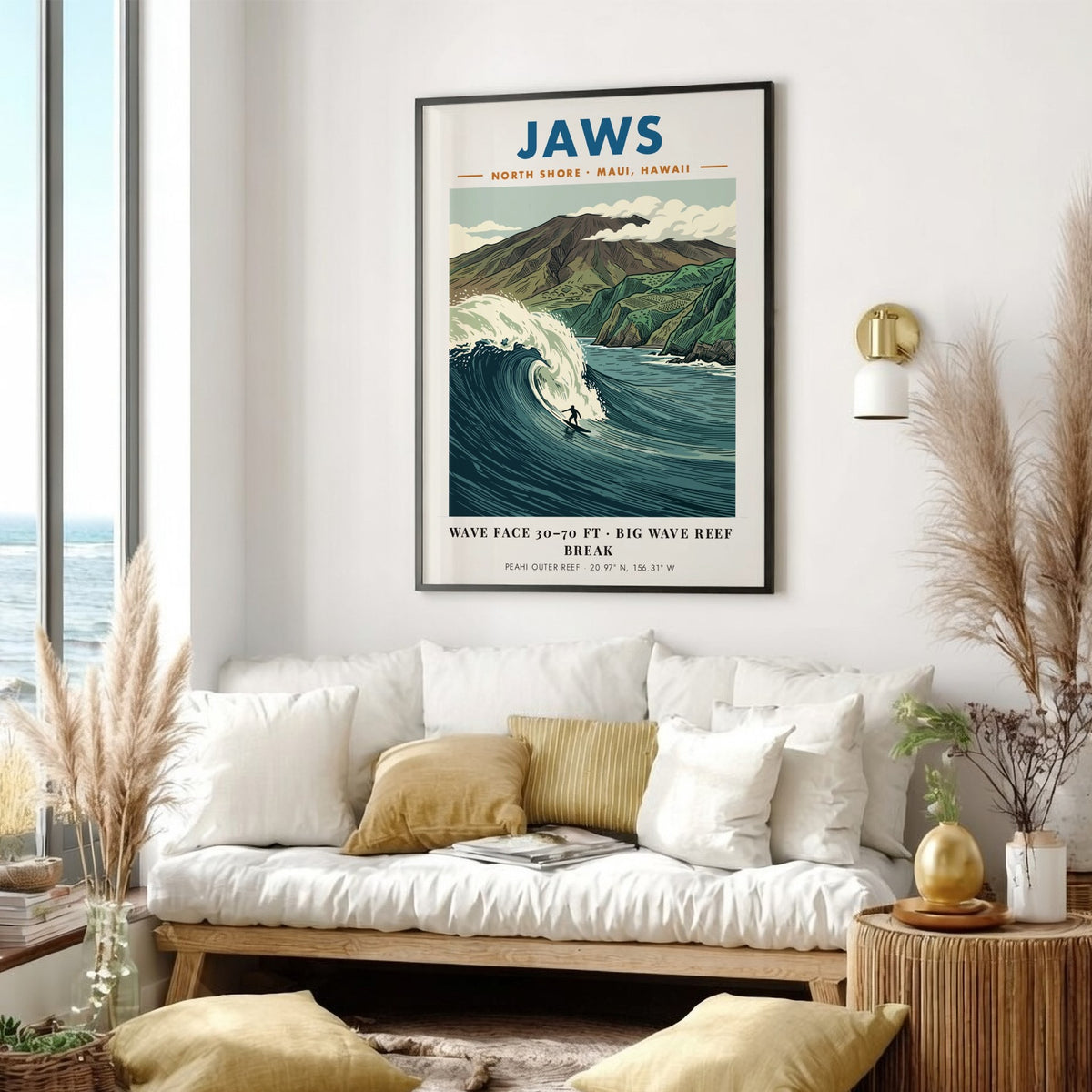 Poster of Jaws Maui with a surfer riding a massive wave beneath mountains
