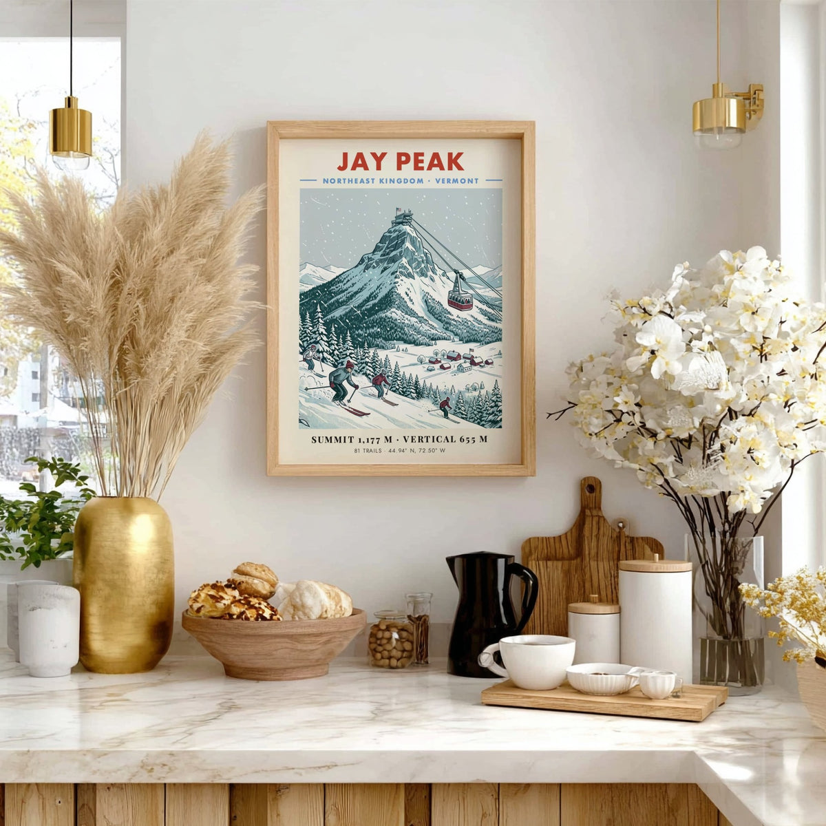 Poster of Jay Peak in Vermont featuring skiers, a mountain tram, and snowfall.