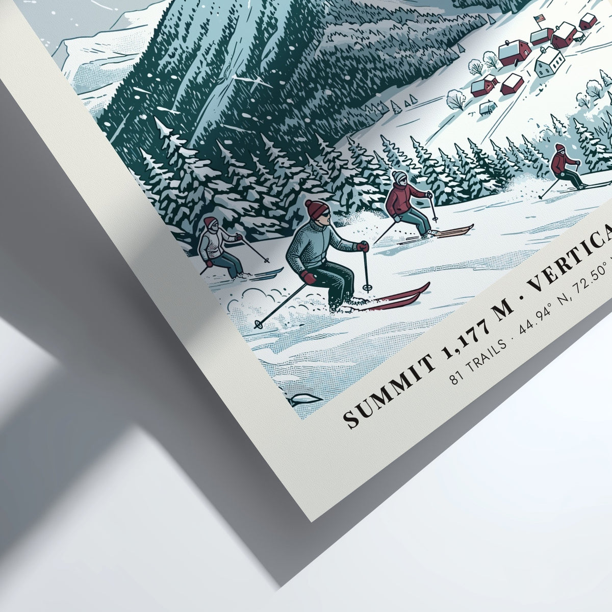 Poster of Jay Peak in Vermont featuring skiers, a mountain tram, and snowfall.