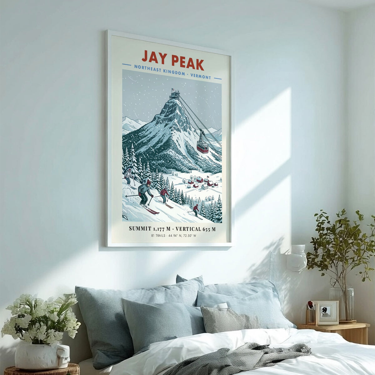 Poster of Jay Peak in Vermont featuring skiers, a mountain tram, and snowfall.