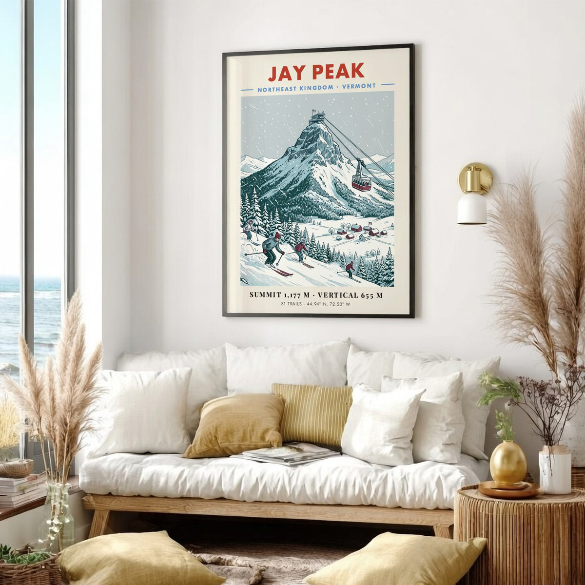 Poster of Jay Peak in Vermont featuring skiers, a mountain tram, and snowfall.
